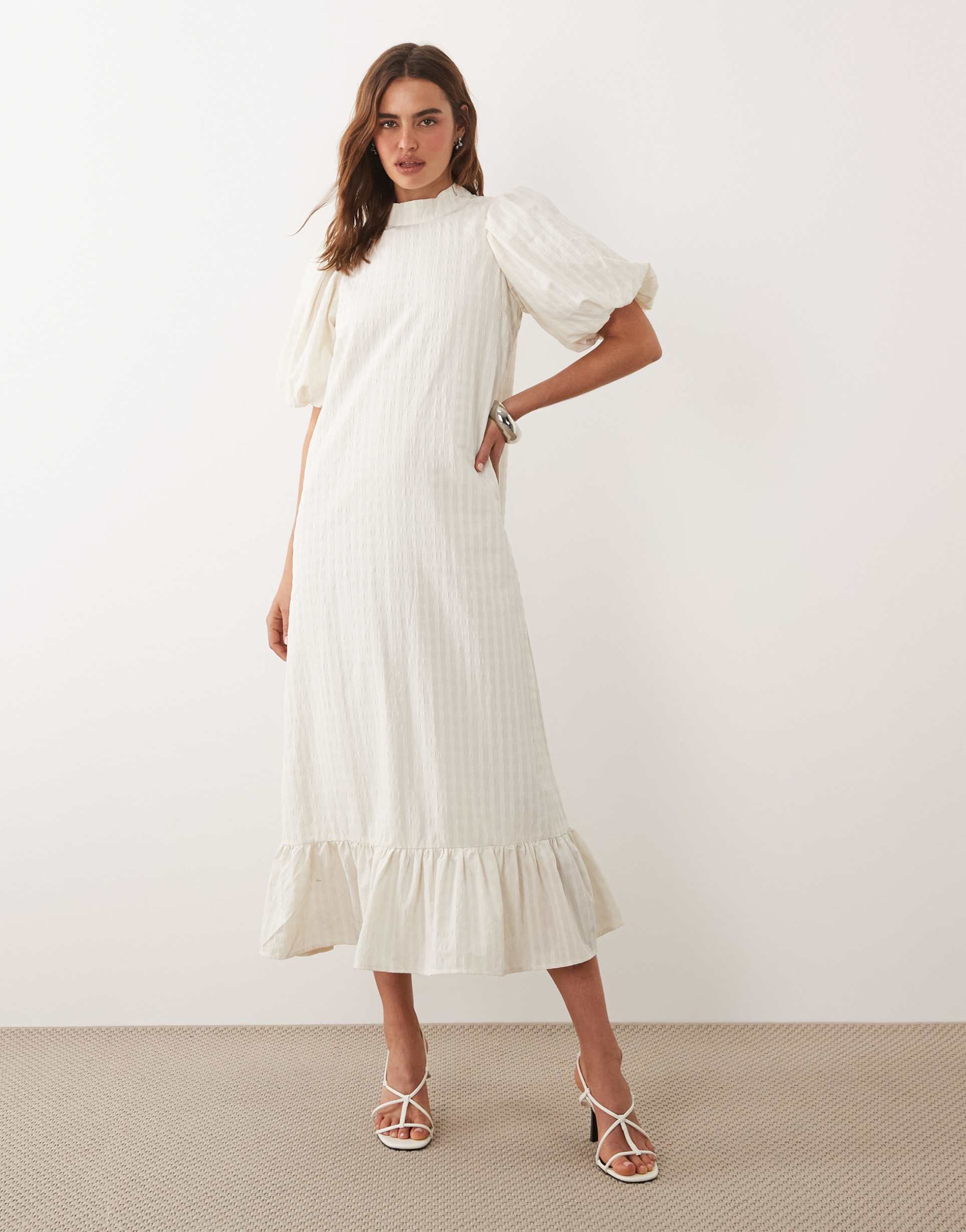 ghospell high neck puff sleeve peplum hem midi dress in natural stripe