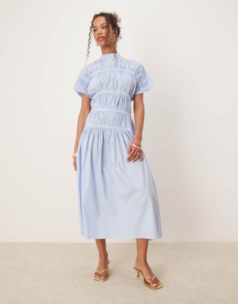 Ghospell high neck ruched midi dress in blue - view 1