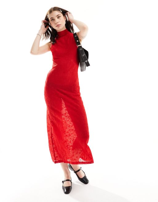 Ghospell high neck textured sheer midi dress avec in red