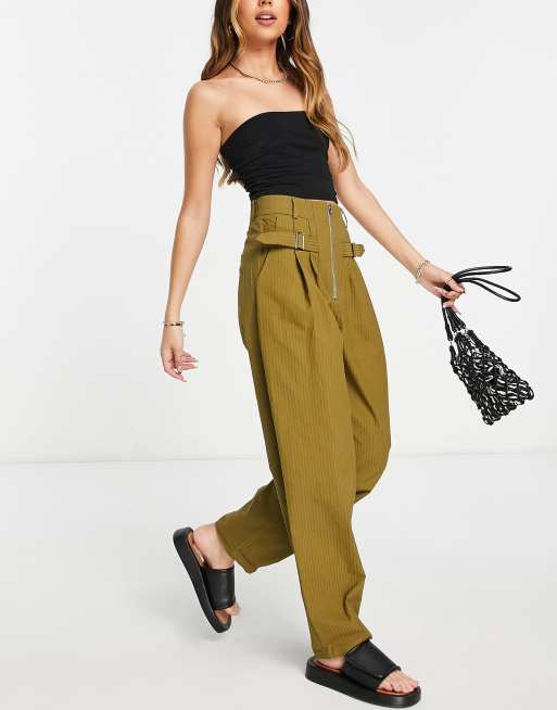 Ghospell high waist peg leg pants in olive