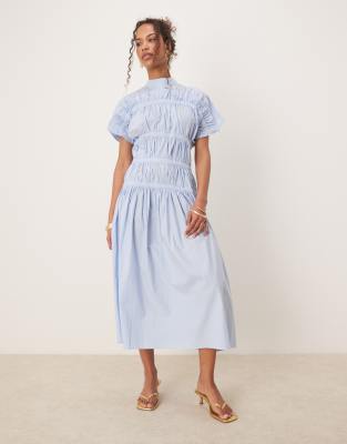 Ghospell - Hochgeschlossenes, gerafftes Midikleid in Blau