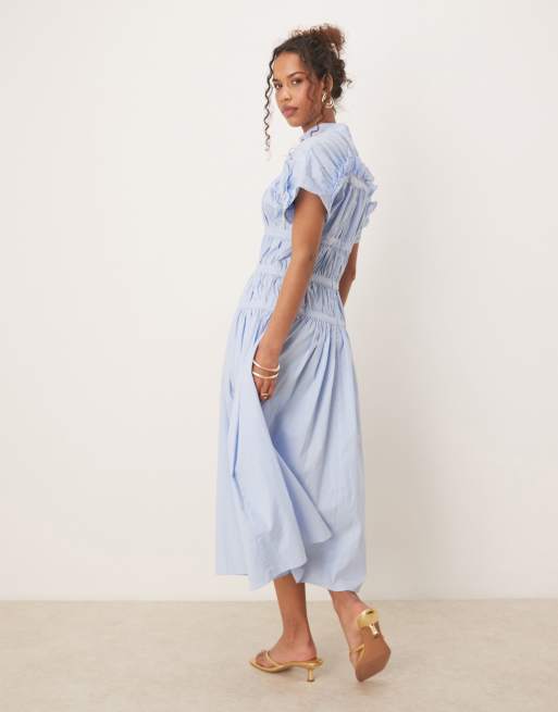 Ghospell – Hochgeschlossenes, gerafftes Midikleid in Blau, 4 von 4