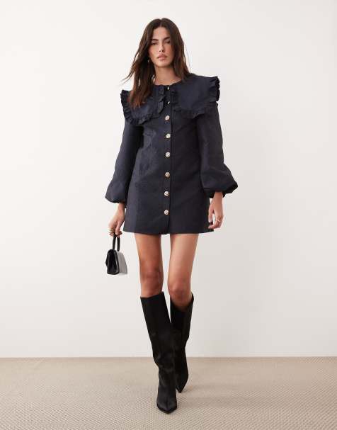 Ghospell Inola oversized collar balloon sleeve mini dress in navy - view 1