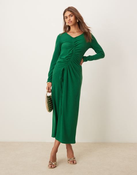 Ghospell Isra ruched drawstring midi dress in green - view 1