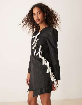 Ghospell Ghospell jacquard bow mini dress in black