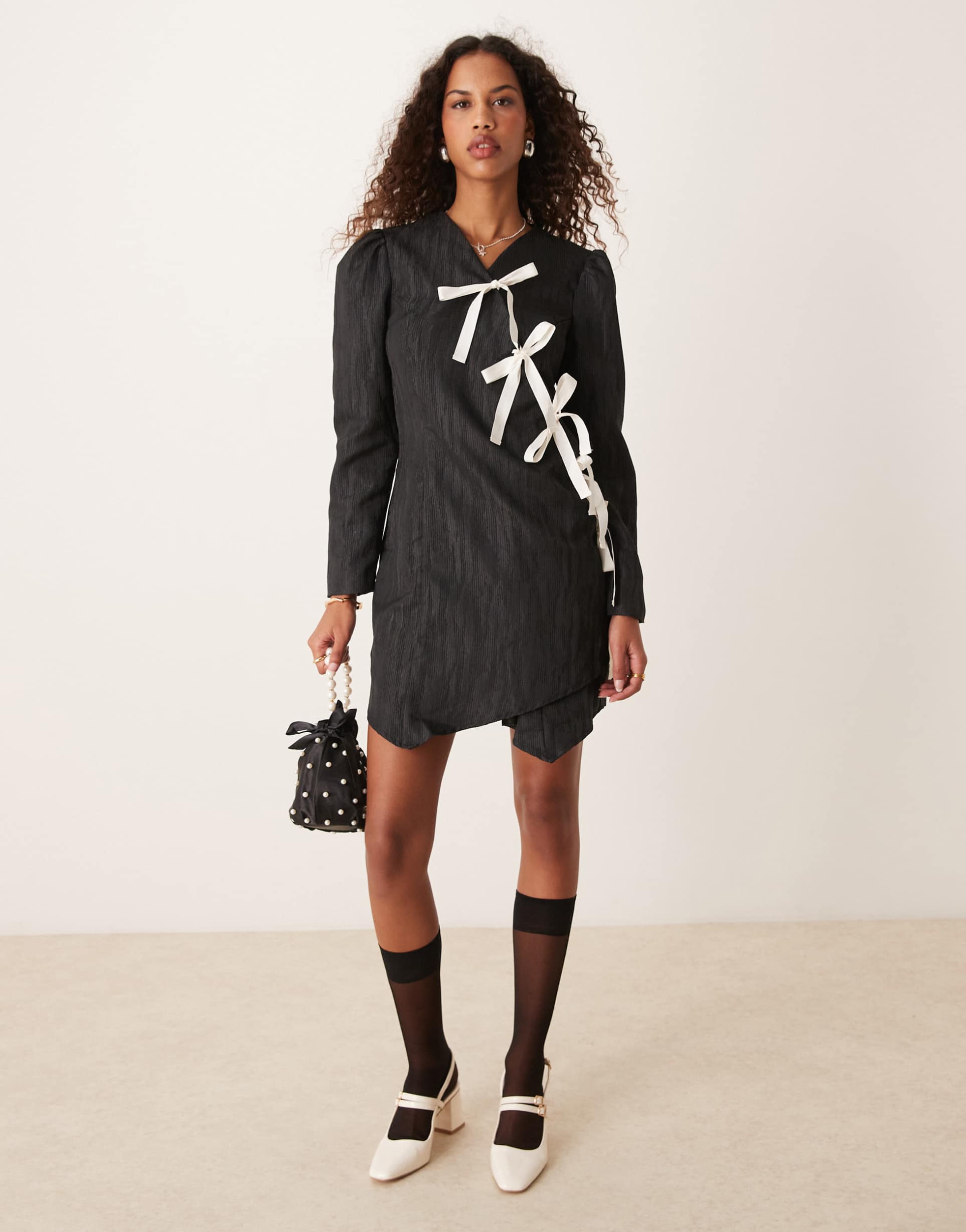 ghospell jacquard bow mini dress in black
