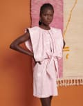 [Ghospell] Ghospell jacquard bow pleated mini dress in pink S Pink