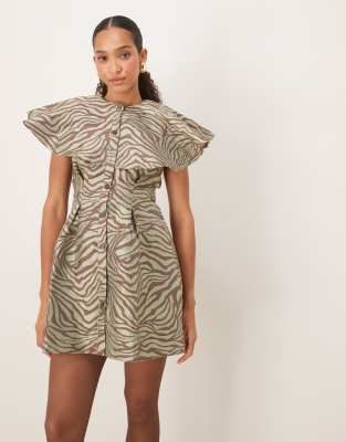 Ghospell Jacquard Button Front Mini Dress In Brown