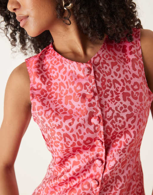 Ghospell - Jacquard mini jurk met ruches aan de zoom in rood en roze, 3 van 4