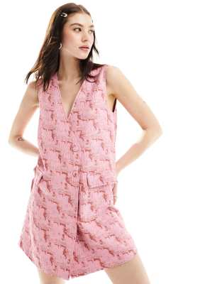 jacquard mini pinafore dress in pink and red