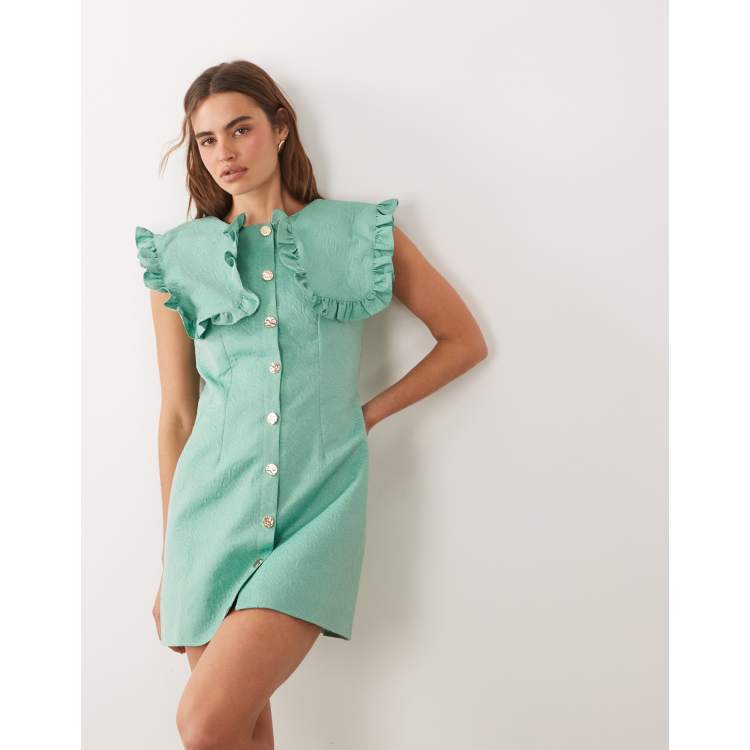 Ghospell jacquard oversized ruffle trim collar sleeveless mini dress in green