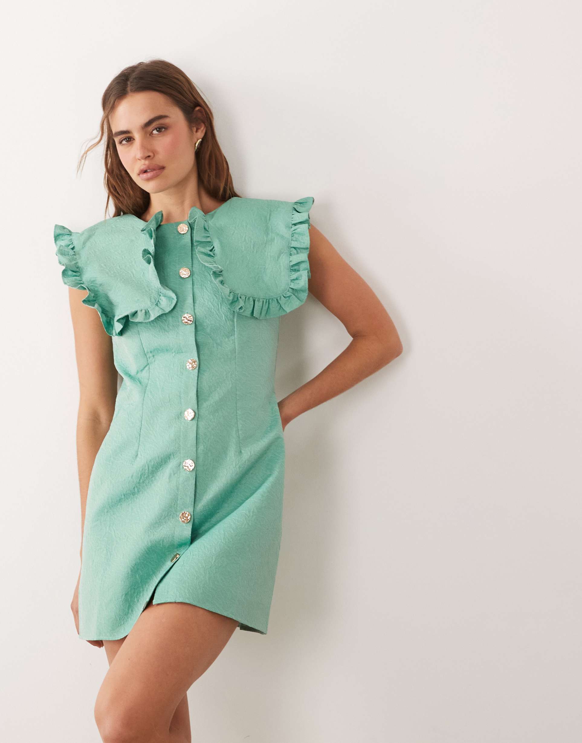 ghospell jacquard oversized ruffle trim collar sleeveless mini dress in green