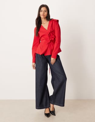Ghospell Julie Double Bow Wrap Top With Tie Waist In Red