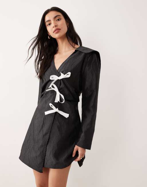 Ghospell Julie wrap dress in black with white contrast bows