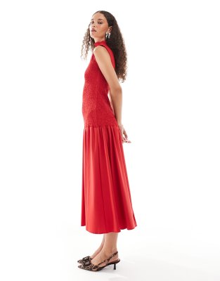 Kali shirred dropwaist midi dress in red