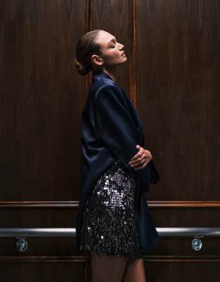 Ghospell - Kara - Pailletten-Minirock in Stahlgrau mit Fransen-Silber