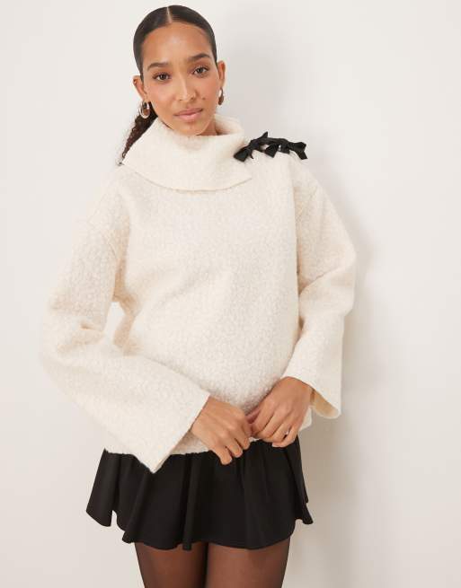 Ghospell knit sweater with tie detail in cream, 3 of 4