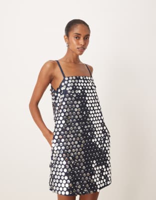 Ghospell - Kurzes Etui-Kleid aus Denim mit Pailletten in Silberoptik-Grün