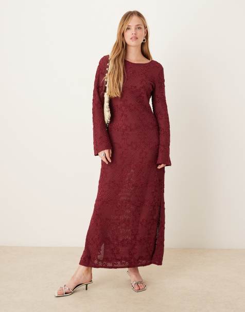 Ghospell – Langärmliges Midaxi-Kleid aus Häkelstoff in Burgunderrot - view 1