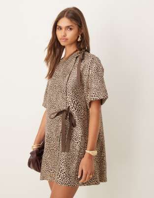 Ghospell Leighton Wrap Mini Dress In Brown Leopard-multi