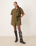 [Ghospell] Ghospell Leighton wrap mini dress in green pinstripe M Plus KHAKI