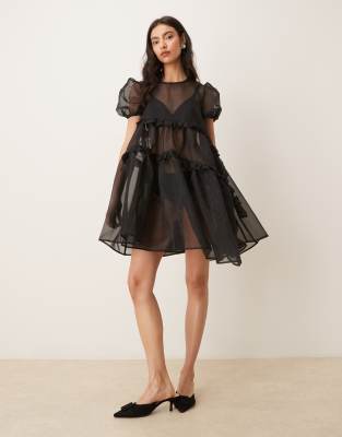Ghospell Lennie Exclusive Sheer Organza Puff Sleeve Tiered Ruffle Asymmetric Hem Mini Dress In Black