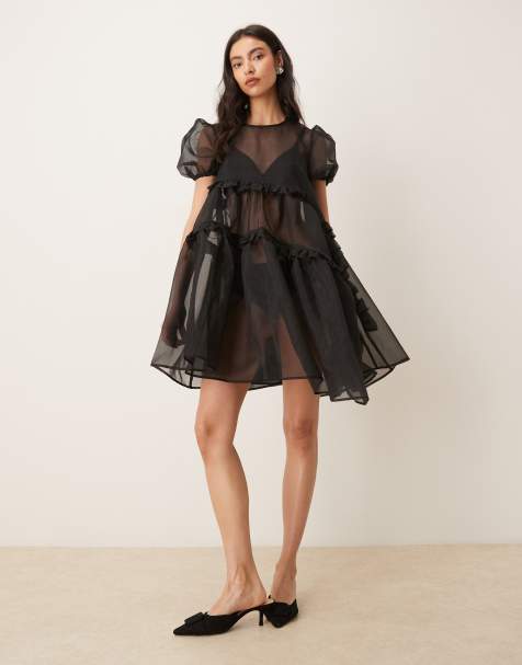 Ghospell Lennie exclusive sheer organza puff sleeve tiered ruffle asymmetric hem mini dress in black - view 1