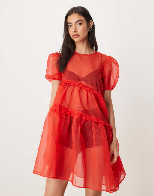 Ghospell Lennie exclusive sheer ruffle asymmetric hem mini dress