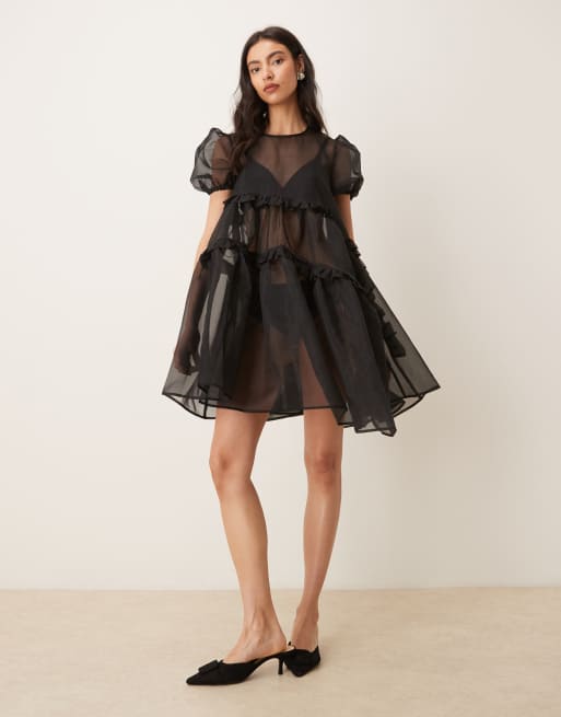 トップス GHOSPELL / Lennie Sheer Mini Dress Ghospell Lennie sheer ruffle asymmetric hem mini dress in black | ASOS