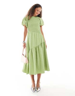 Ghospell Lia Textured Asymmetric Midi Dress In Apple Green