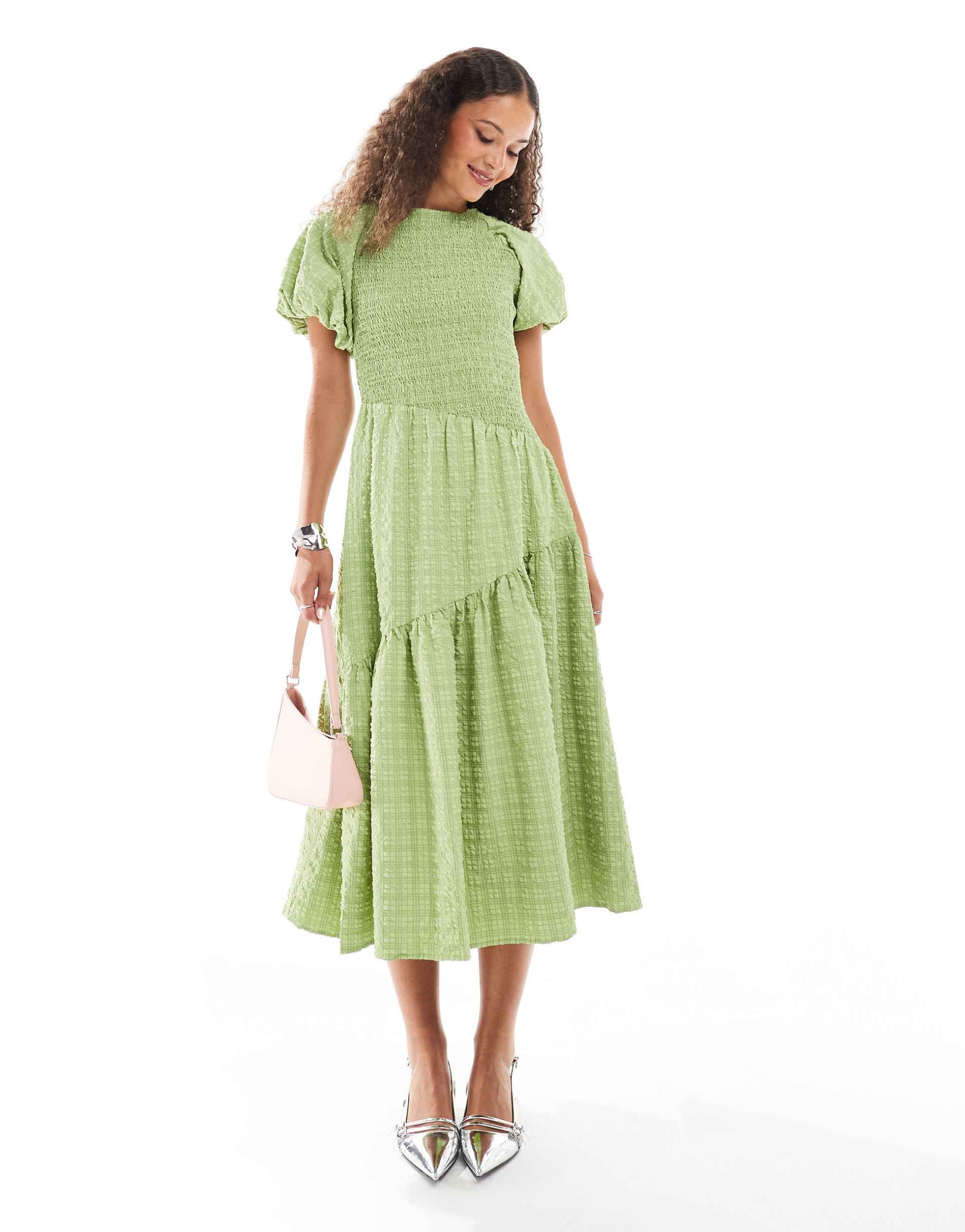 ghospell lia textured asymmetric midi dress in apple green