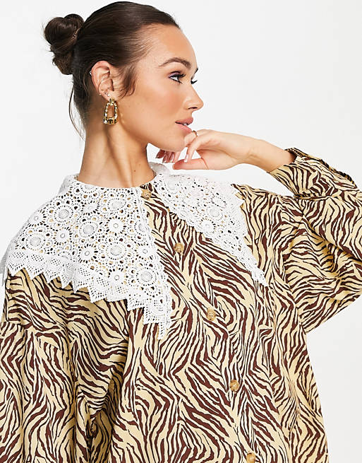Ghospell long sleeve blouse in tonal animal print with oversized lace collar