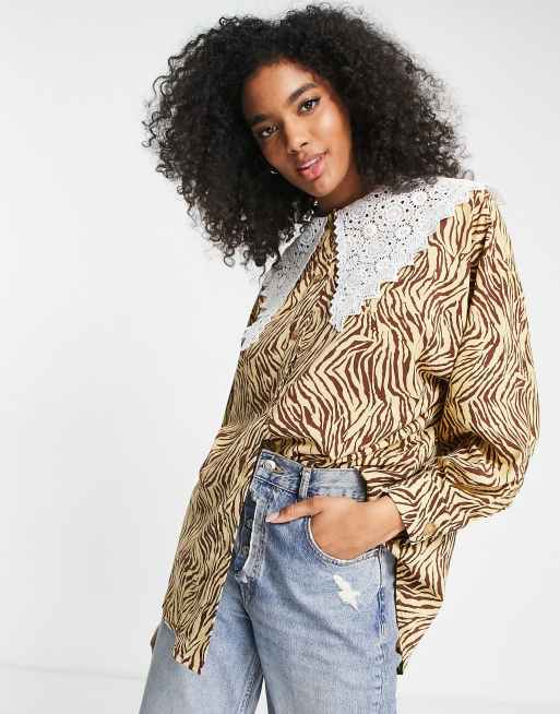 Ghospell long sleeve blouse in tonal animal print with oversized lace collar