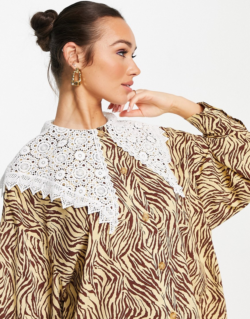 Ghospell long sleeve blouse in tonal animal print with oversized lace collar-Yellow