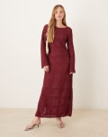 [Ghospell] Ghospell long sleeve crochet midaxi dress in burgundy-Red L Burgundy
