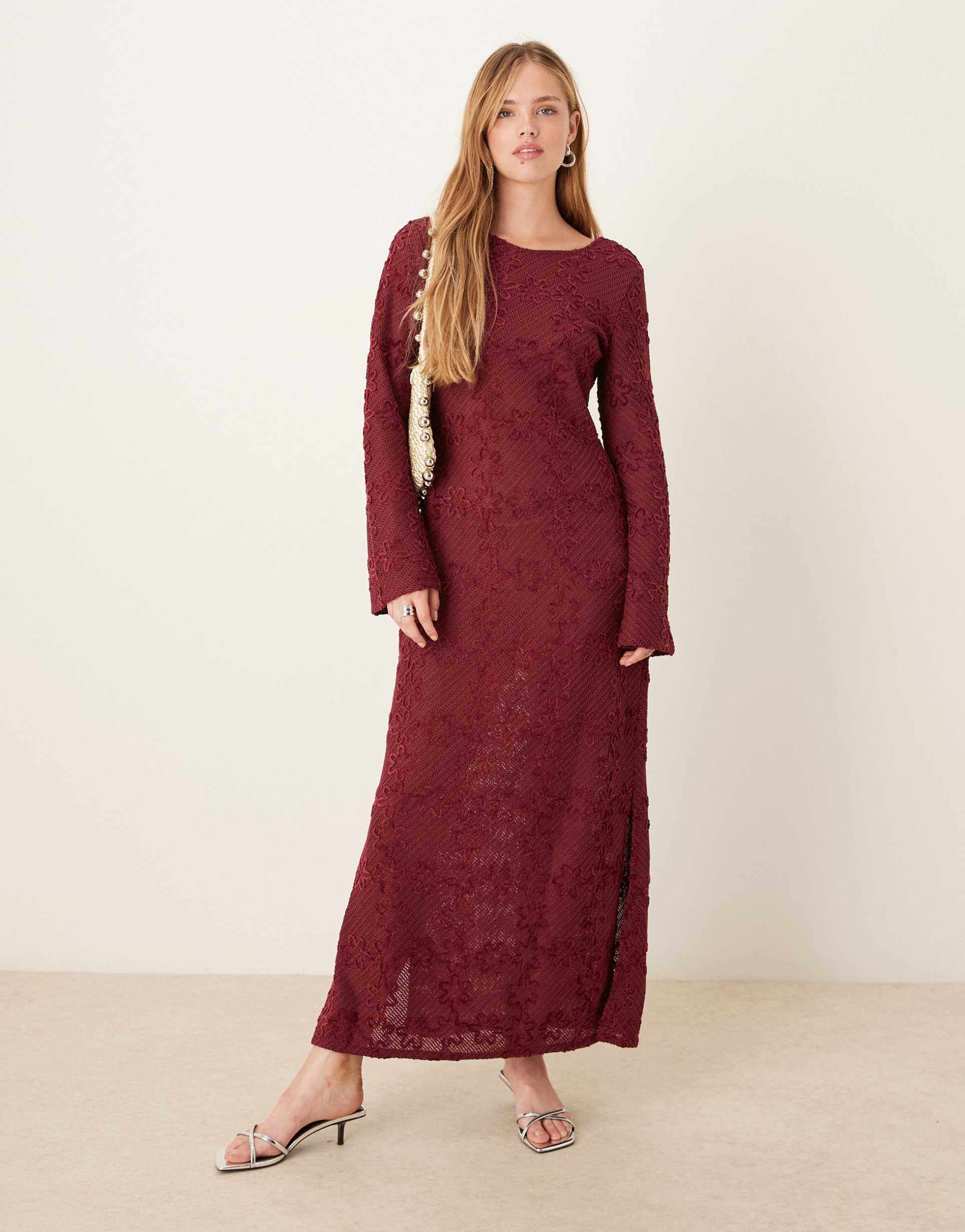 ghospell long sleeve crochet midaxi dress in burgundy