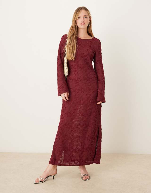 Ghospell long sleeve crochet midaxi dress in burgundy