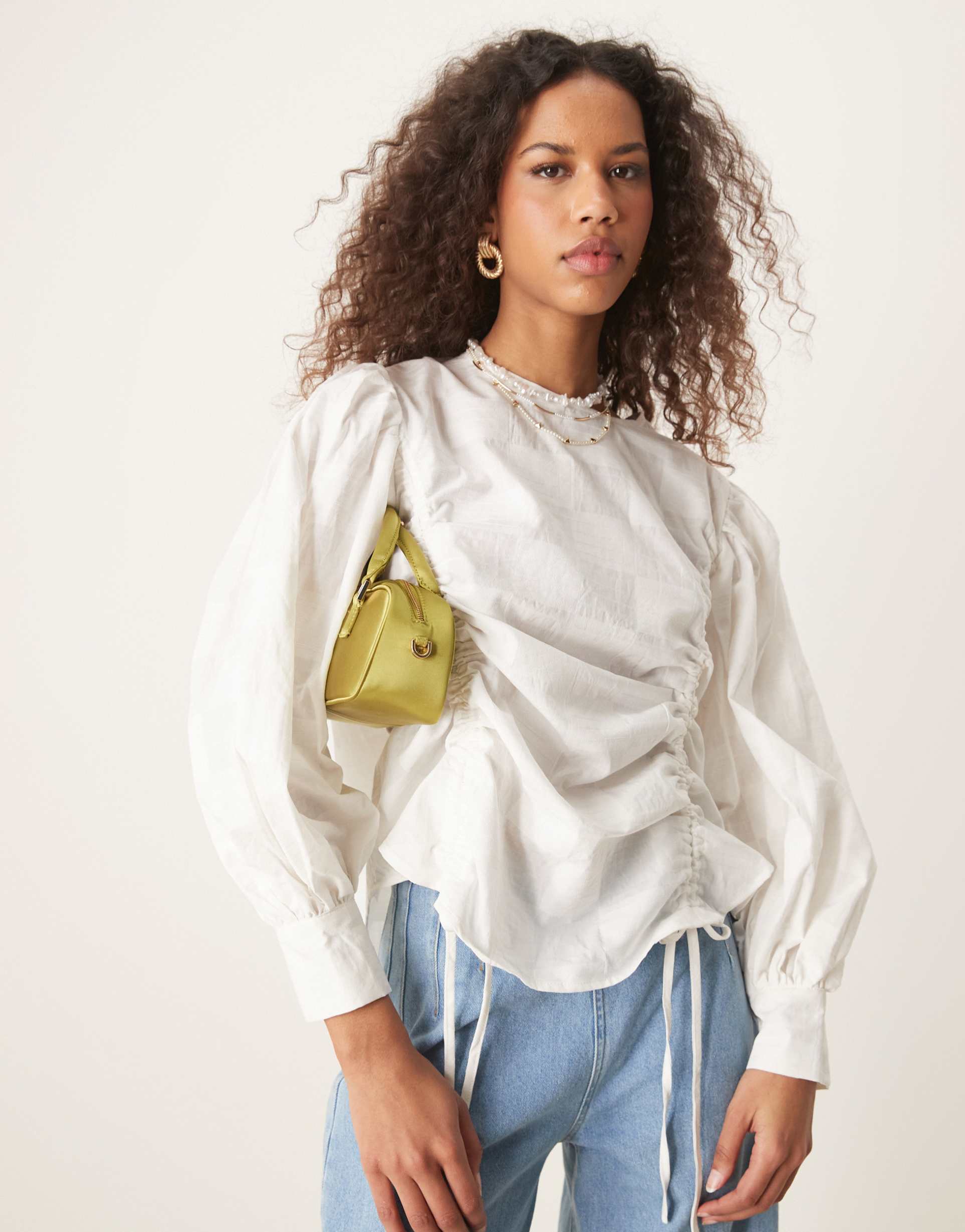 ghospell long sleeve drawstring top in white