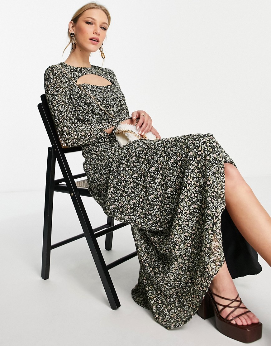 long sleeve maxi dress with cut out in dark winter floral-Multi