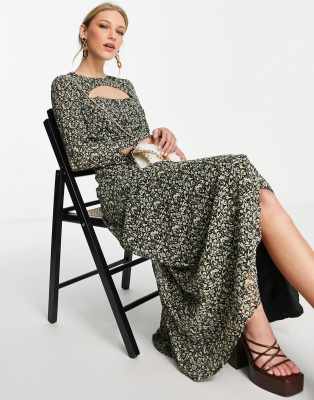 Ghospell long sleeve maxi dress with cut out in dark winter floral - ASOS Price Checker