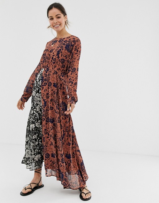 Ghospell long sleeve midi dress in contrast mix match print