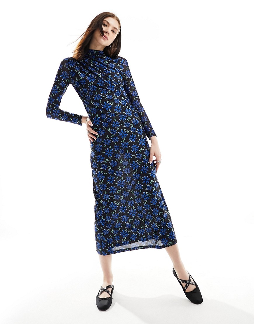 Ghospell long sleeve stretch midi dress in cobalt floral-Blue