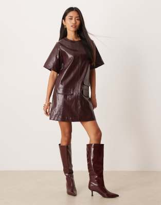 Ghospell Ghospell Louise cotton blend leather look pocket detail mini dress in burgundy-Red