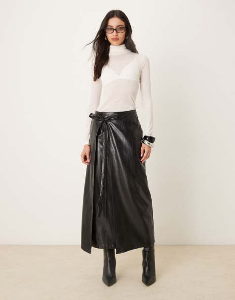 Ghospell Louise faux leather tie side midaxi skirt in black