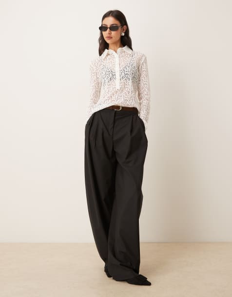 Ghospell Lucinda cotton blend open knit lace button up scallop edge shirt in ivory - view 1