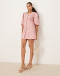 [Ghospell] Ghospell matte PU scoop neck button front mini dress in pink M PINK