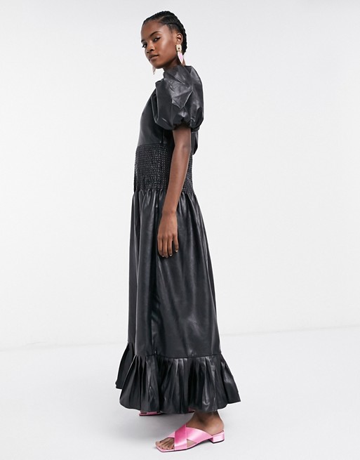 Ghospell maxi dress with shirred waist in faux leather