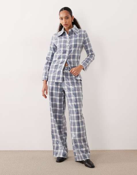 Ghospell Maya sequin shirt and pants set in blue tartan print - view 1