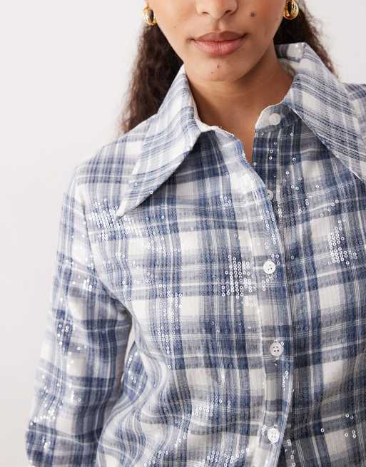 Ghospell Maya sequin shirt in blue tartan print (part of a set) , 3 of 4