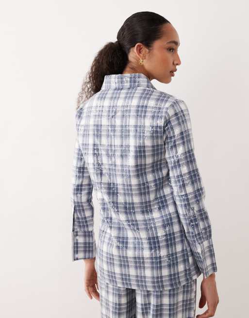 Ghospell Maya sequin shirt in blue tartan print (part of a set) , 4 of 4